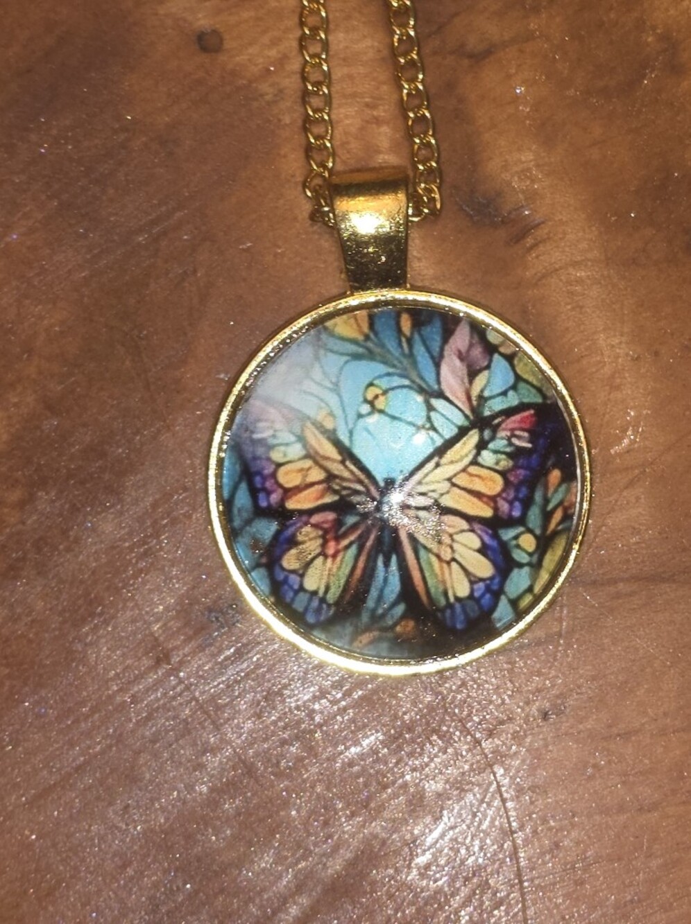 Butterfly Cabochon In Gold Tone Frame W Chain Necklace